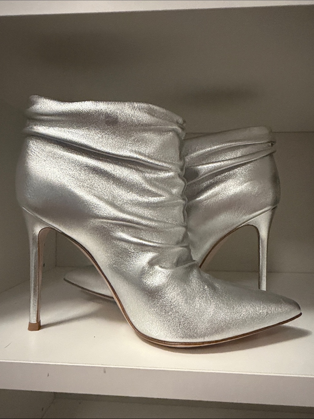Gianvito Rossi Metallic Silver Ruched Pointed Ankle Booties